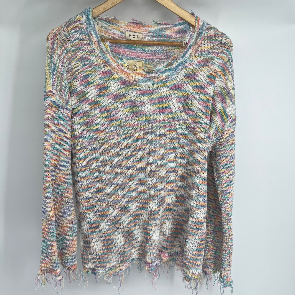 POL Rainbow Stripe Distressed Knit Sweater Womens Small‎ Lightweight Boho Fringe